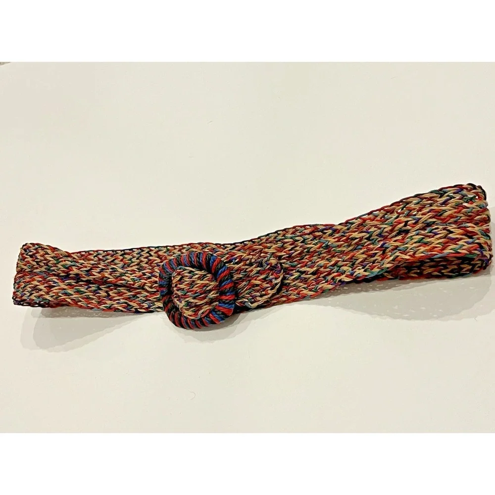 80s Braided Cord Rope Belt Woven Multicolor Fabric Retro Boho Vintage